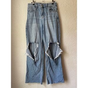 Hollister Ripped Knee High Rise Vintage BAGG Jeans Light Wash Denim